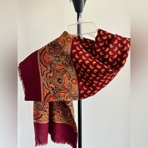 Paisley wool blend scarf stole muffler 48" maroon wine 🍷 burgundy mustard border